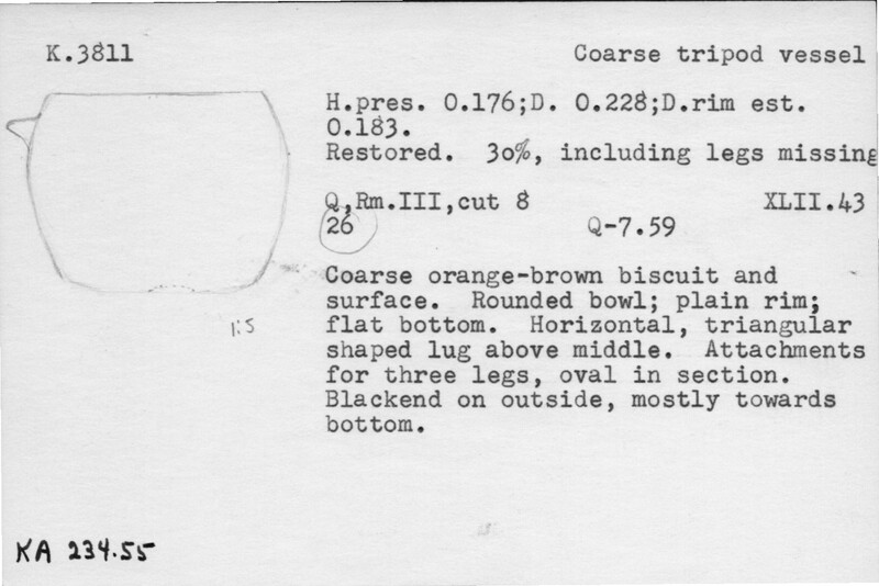 Index card with typed and handwritten information, sometimes including a sketch, of pottery from an excavation.