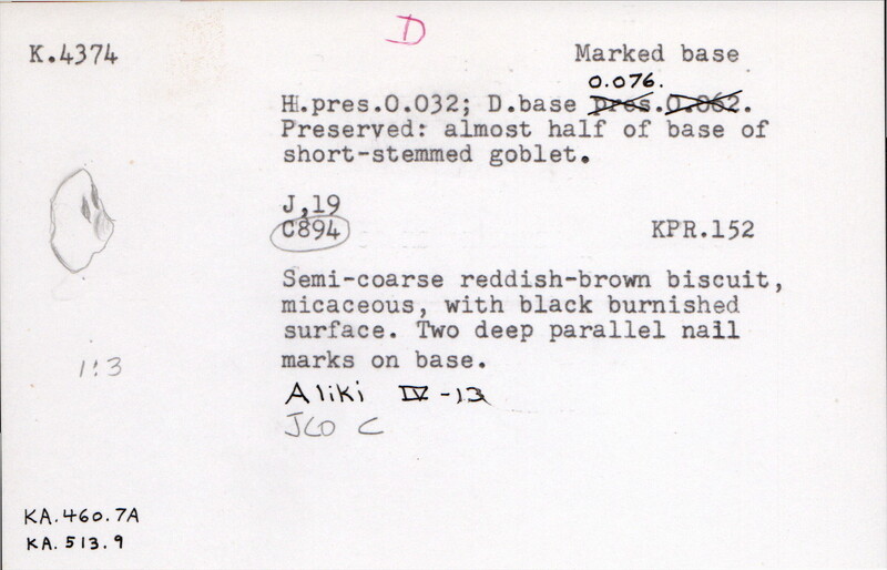 Index card with typed and handwritten information, sometimes including a sketch, of pottery from an excavation.