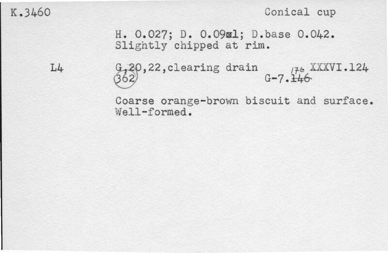 Index card with typed and handwritten information, sometimes including a sketch, of pottery from an excavation.