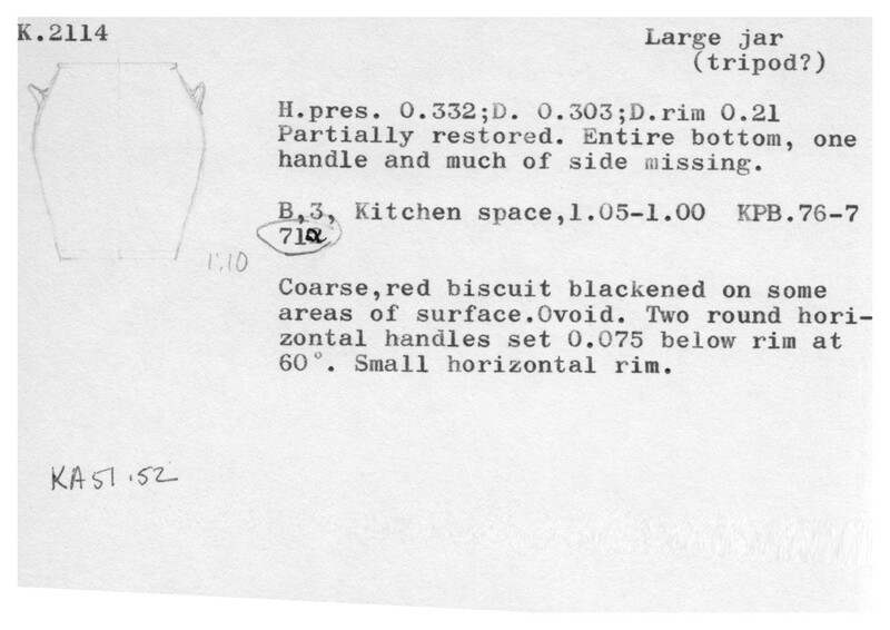 Index card with typed and handwritten information, sometimes including a sketch, of pottery from an excavation.