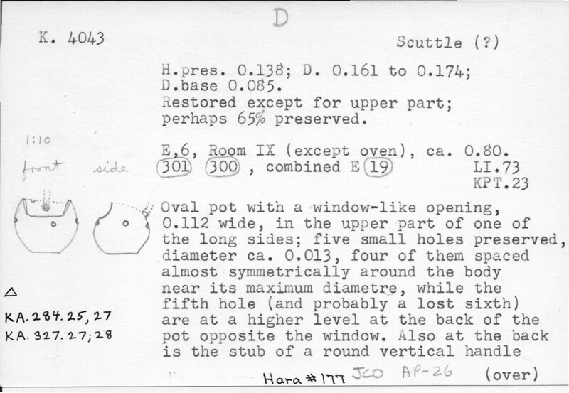 Index card with typed and handwritten information, sometimes including a sketch, of pottery from an excavation.