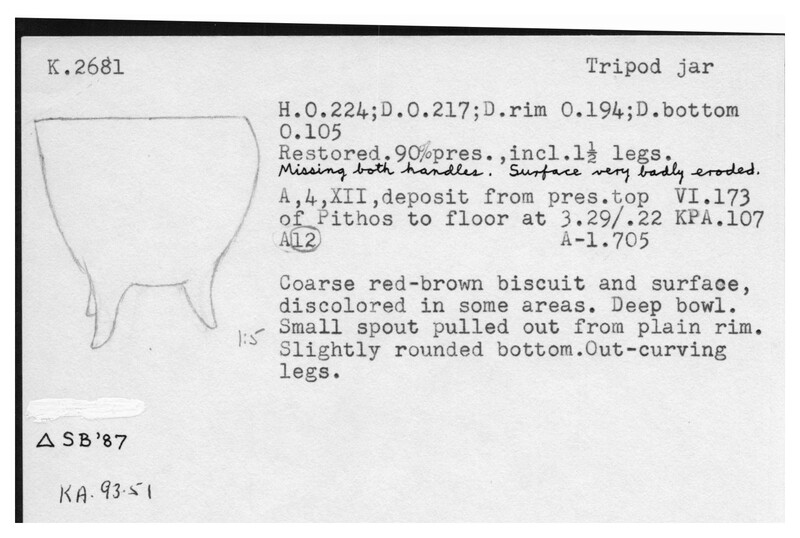 Index card with typed and handwritten information, sometimes including a sketch, of pottery from an excavation.
