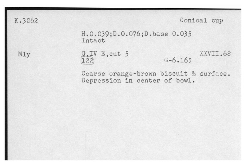 Index card with typed and handwritten information, sometimes including a sketch, of pottery from an excavation.