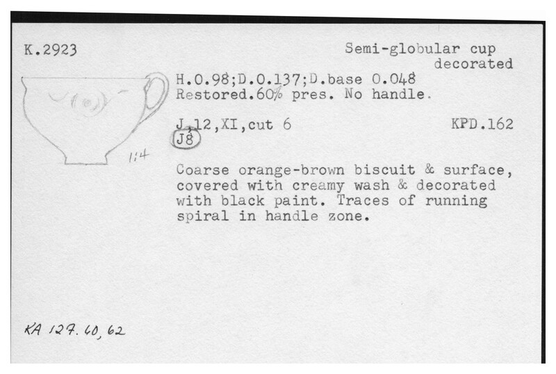 Index card with typed and handwritten information, sometimes including a sketch, of pottery from an excavation.
