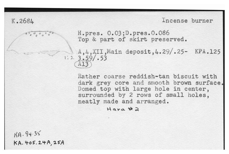 Index card with typed and handwritten information, sometimes including a sketch, of pottery from an excavation.