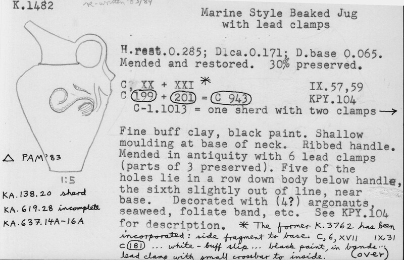 Index card with typed and handwritten information, sometimes including a sketch, of pottery from an excavation.