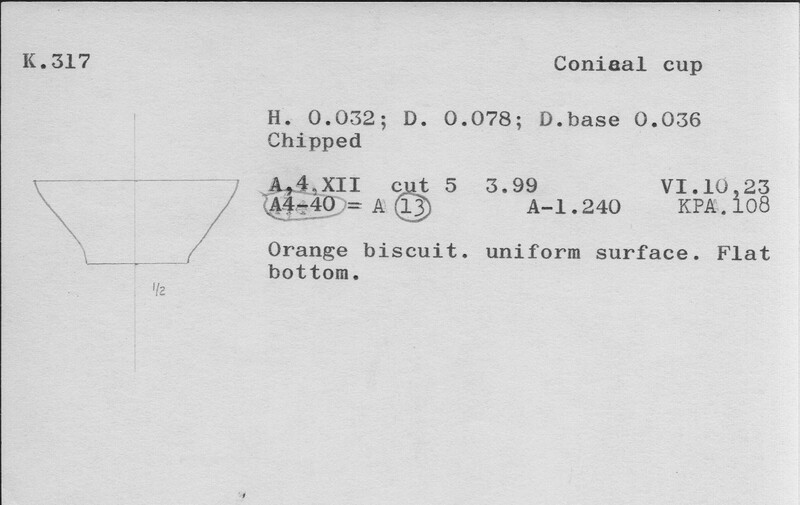 Index card with typed and handwritten information, sometimes including a sketch, of pottery from an excavation.