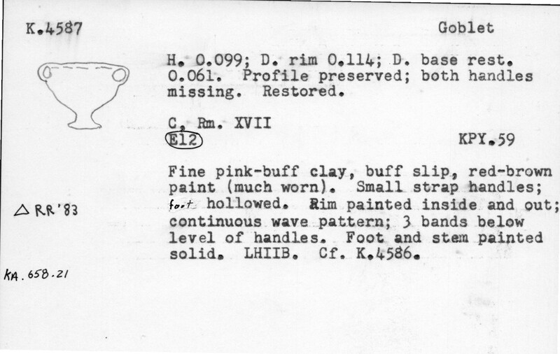 Index card with typed and handwritten information, sometimes including a sketch, of pottery from an excavation.