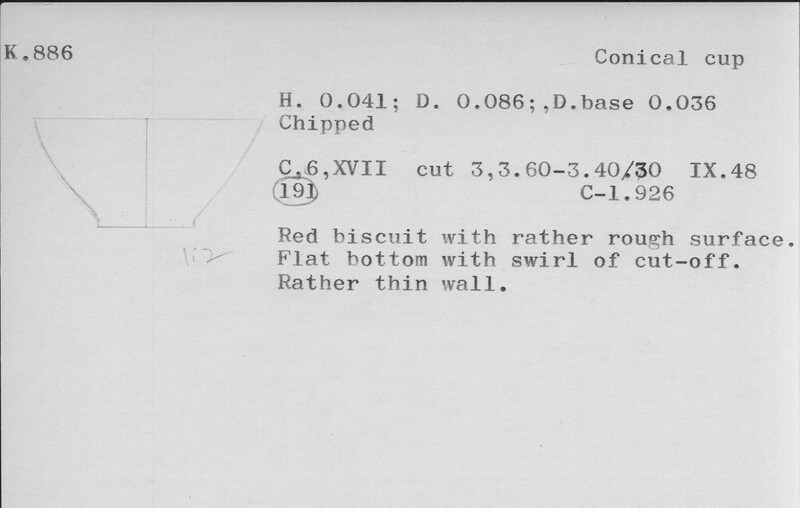 Index card with typed and handwritten information, sometimes including a sketch, of pottery from an excavation.