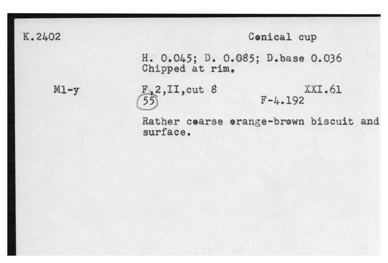 Index card with typed and handwritten information, sometimes including a sketch, of pottery from an excavation.