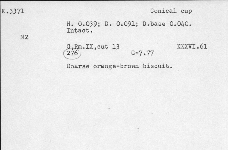 Index card with typed and handwritten information, sometimes including a sketch, of pottery from an excavation.