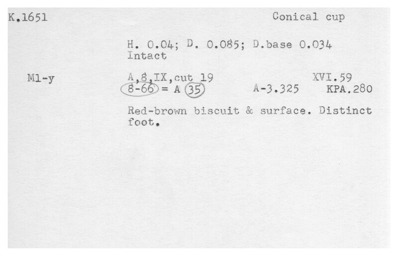 Index card with typed and handwritten information, sometimes including a sketch, of pottery from an excavation.