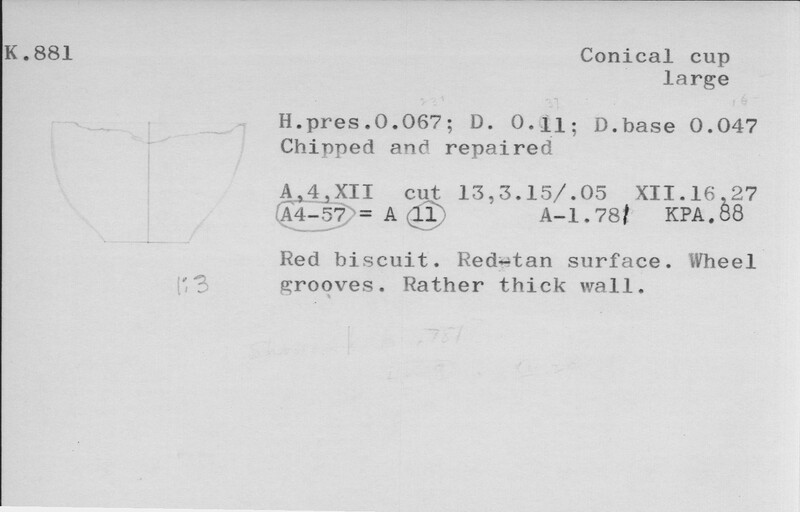 Index card with typed and handwritten information, sometimes including a sketch, of pottery from an excavation.