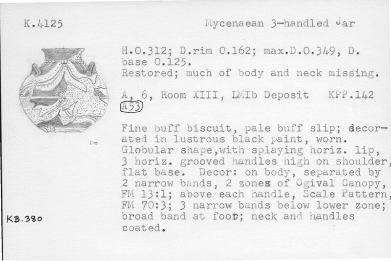 Index card with typed and handwritten information, sometimes including a sketch, of pottery from an excavation.