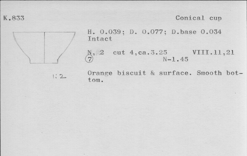 Index card with typed and handwritten information, sometimes including a sketch, of pottery from an excavation.