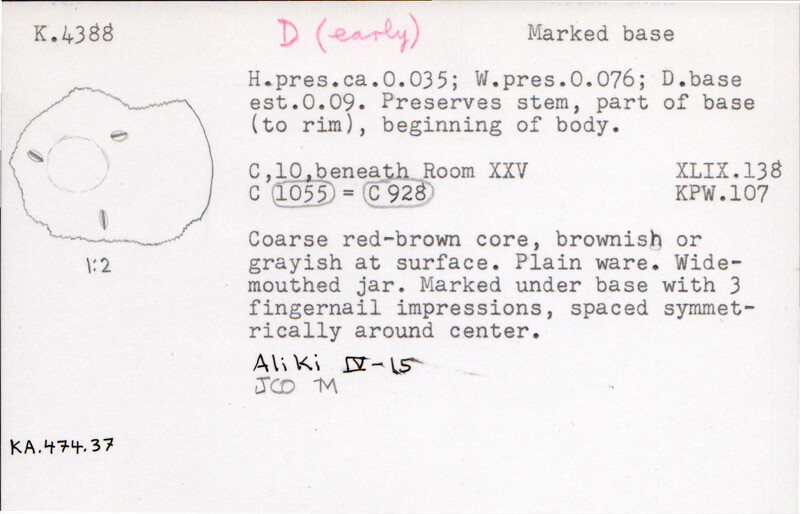 Index card with typed and handwritten information, sometimes including a sketch, of pottery from an excavation.