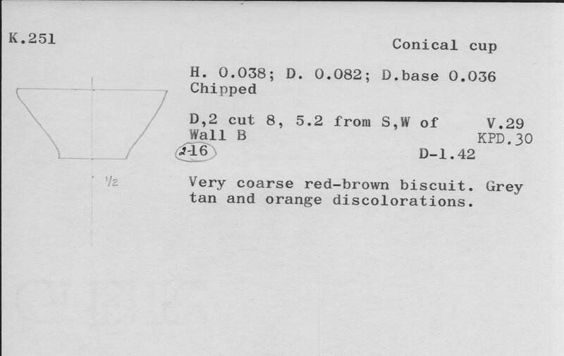 Index card with typed and handwritten information, sometimes including a sketch, of pottery from an excavation.