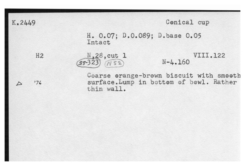 Index card with typed and handwritten information, sometimes including a sketch, of pottery from an excavation.