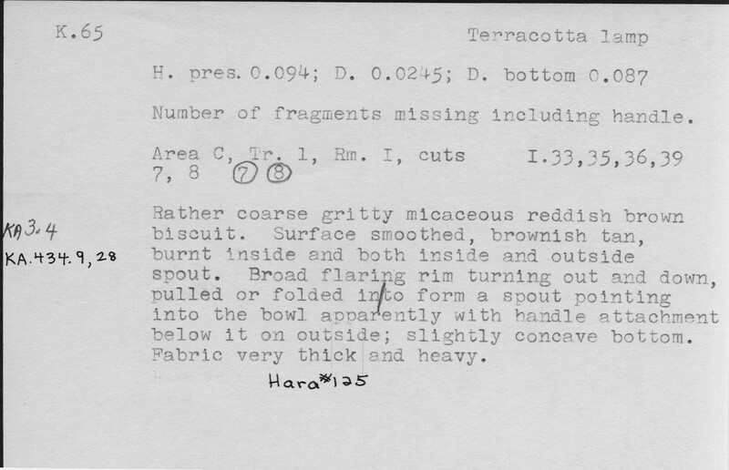 Index card with typed and handwritten information, sometimes including a sketch, of pottery from an excavation.