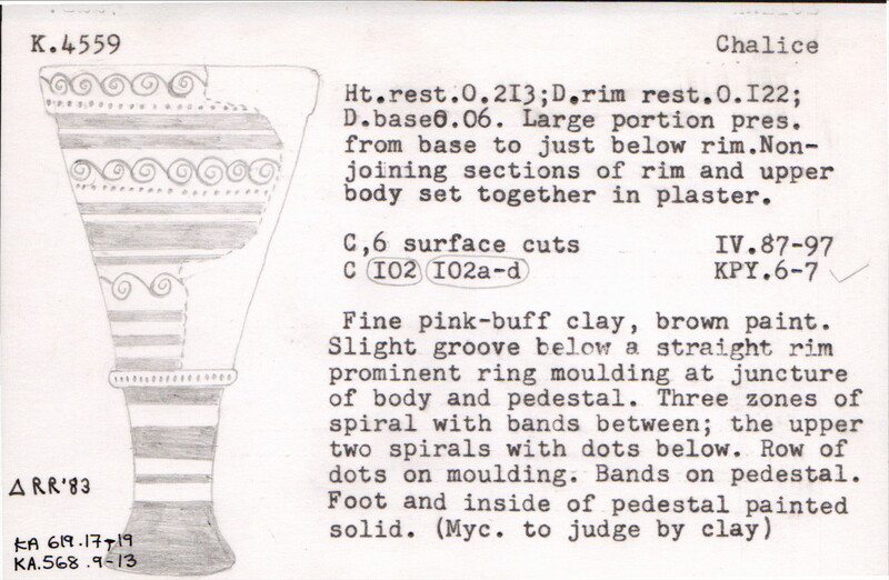 Index card with typed and handwritten information, sometimes including a sketch, of pottery from an excavation.