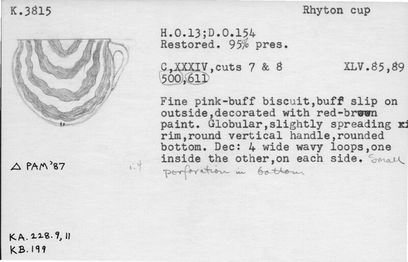 Index card with typed and handwritten information, sometimes including a sketch, of pottery from an excavation.