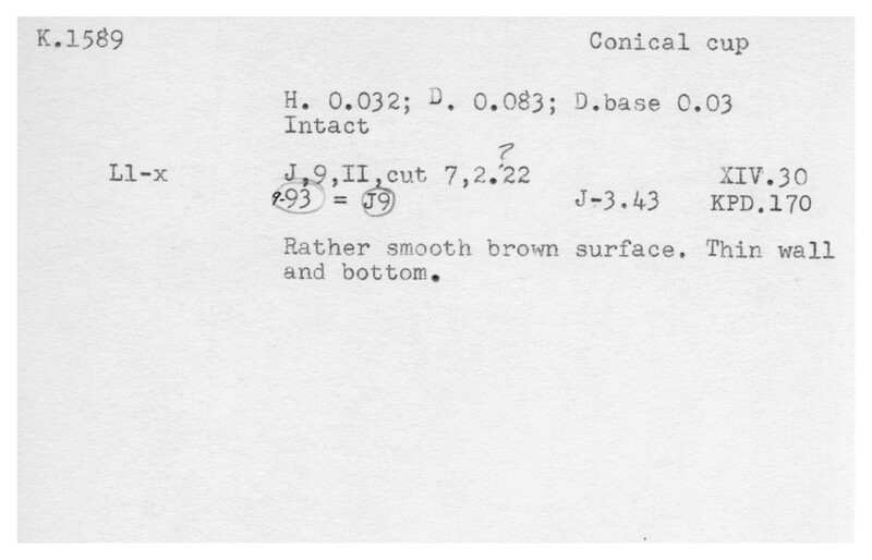 Index card with typed and handwritten information, sometimes including a sketch, of pottery from an excavation.