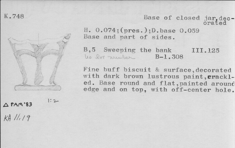 Index card with typed and handwritten information, sometimes including a sketch, of pottery from an excavation.