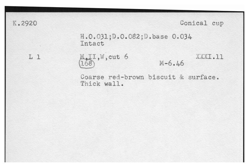 Index card with typed and handwritten information, sometimes including a sketch, of pottery from an excavation.