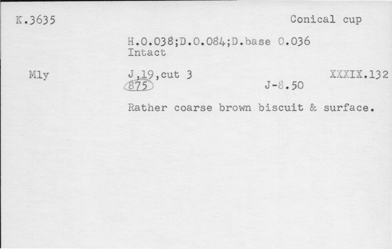 Index card with typed and handwritten information, sometimes including a sketch, of pottery from an excavation.