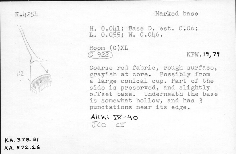 Index card with typed and handwritten information, sometimes including a sketch, of pottery from an excavation.
