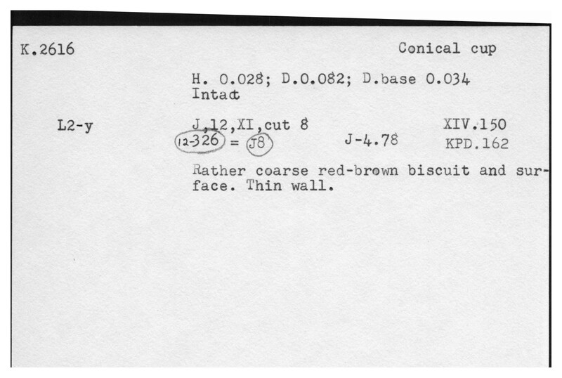 Index card with typed and handwritten information, sometimes including a sketch, of pottery from an excavation.