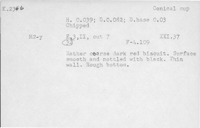 Index card with typed and handwritten information, sometimes including a sketch, of pottery from an excavation.