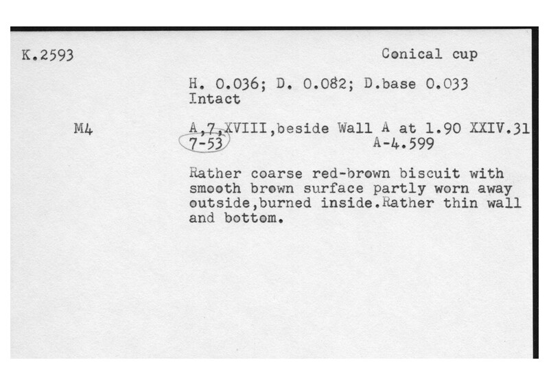 Index card with typed and handwritten information, sometimes including a sketch, of pottery from an excavation.