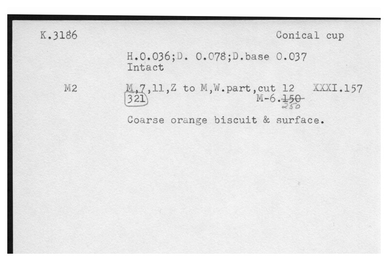 Index card with typed and handwritten information, sometimes including a sketch, of pottery from an excavation.