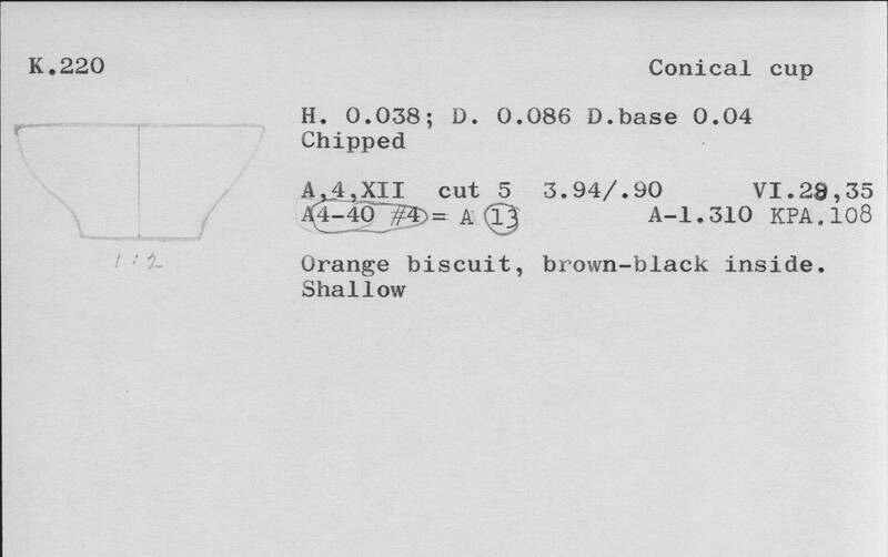 Index card with typed and handwritten information, sometimes including a sketch, of pottery from an excavation.