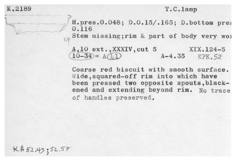 Index card with typed and handwritten information, sometimes including a sketch, of pottery from an excavation.