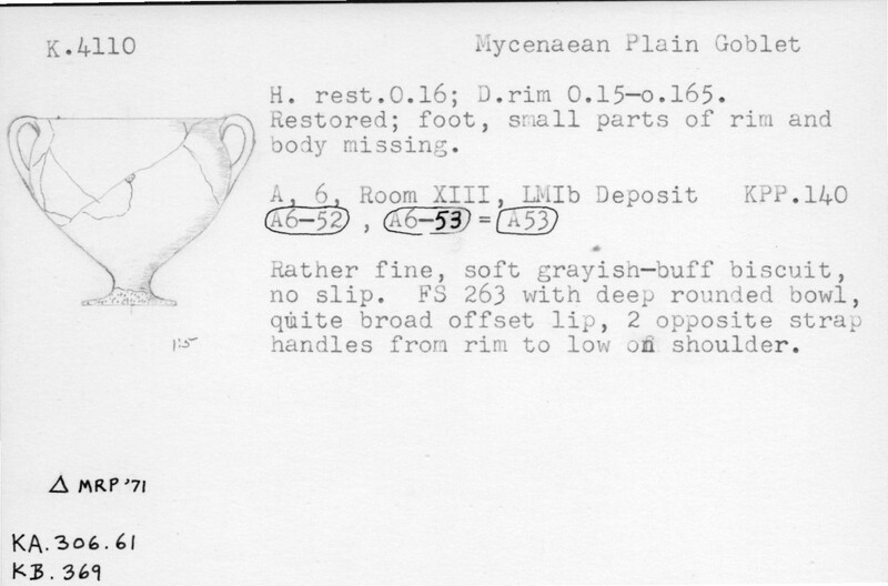 Index card with typed and handwritten information, sometimes including a sketch, of pottery from an excavation.