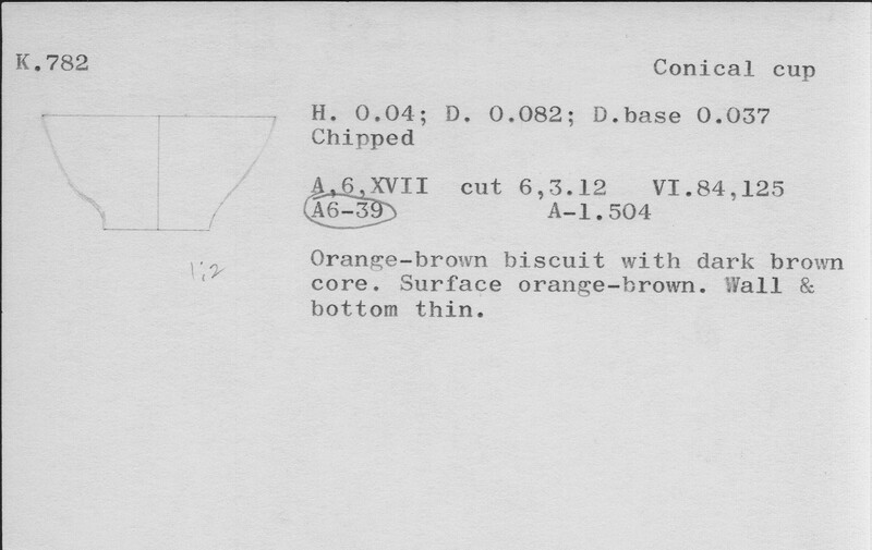 Index card with typed and handwritten information, sometimes including a sketch, of pottery from an excavation.