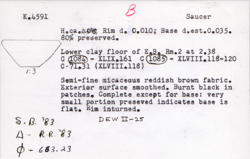 Index card with typed and handwritten information, sometimes including a sketch, of pottery from an excavation.