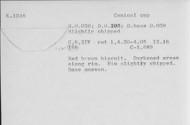 Index card with typed and handwritten information, sometimes including a sketch, of pottery from an excavation.