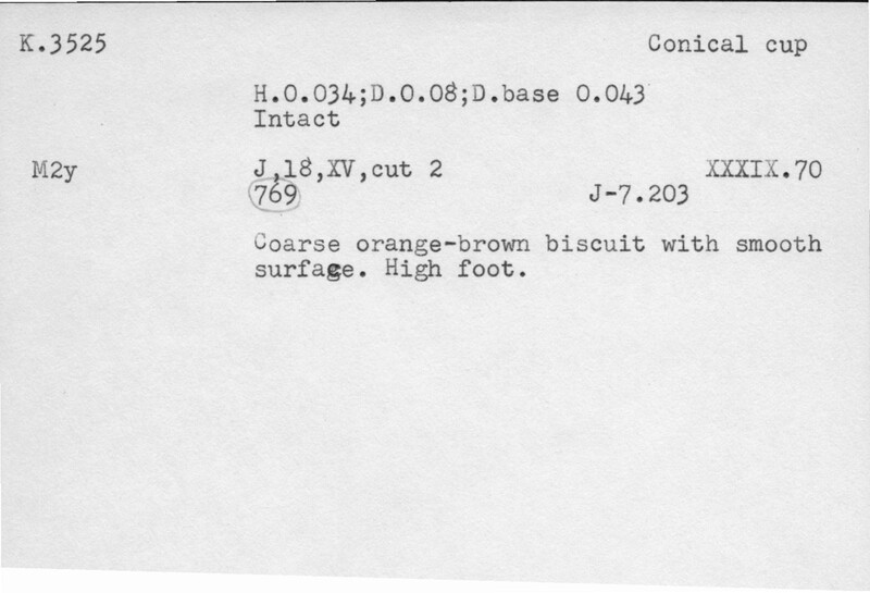 Index card with typed and handwritten information, sometimes including a sketch, of pottery from an excavation.