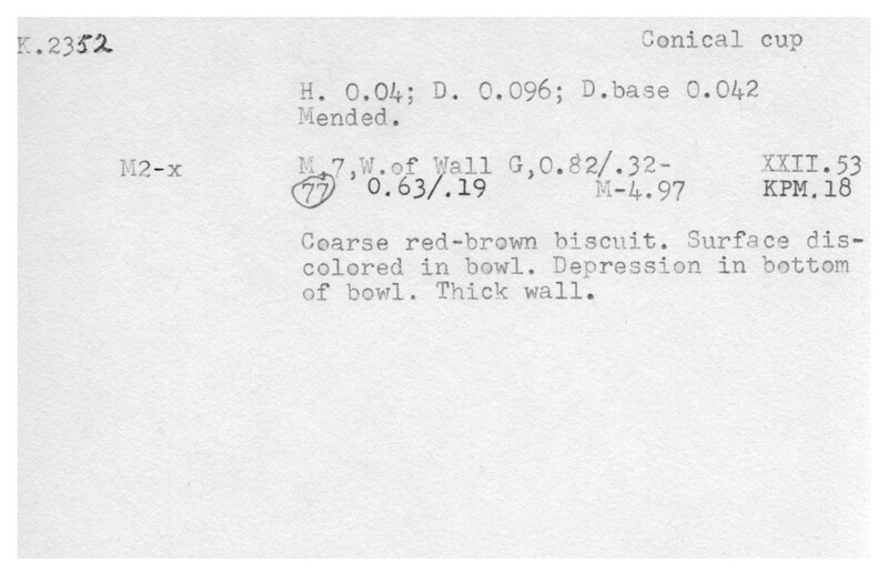 Index card with typed and handwritten information, sometimes including a sketch, of pottery from an excavation.
