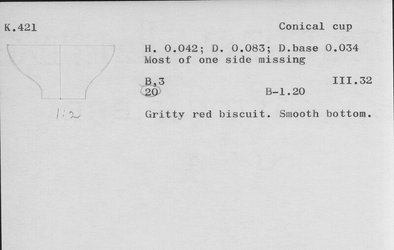 Index card with typed and handwritten information, sometimes including a sketch, of pottery from an excavation.