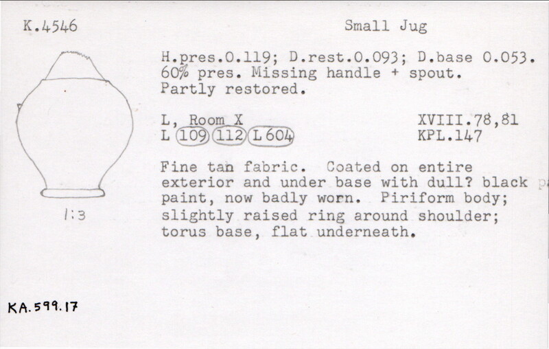 Index card with typed and handwritten information, sometimes including a sketch, of pottery from an excavation.