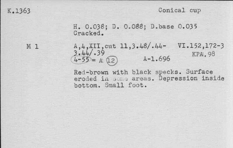 Index card with typed and handwritten information, sometimes including a sketch, of pottery from an excavation.