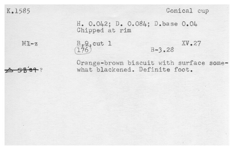 Index card with typed and handwritten information, sometimes including a sketch, of pottery from an excavation.