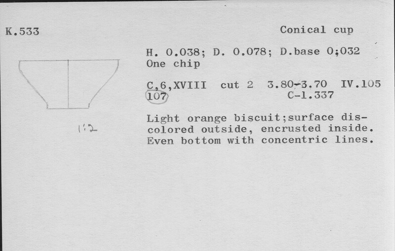 Index card with typed and handwritten information, sometimes including a sketch, of pottery from an excavation.