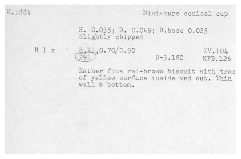 Index card with typed and handwritten information, sometimes including a sketch, of pottery from an excavation.