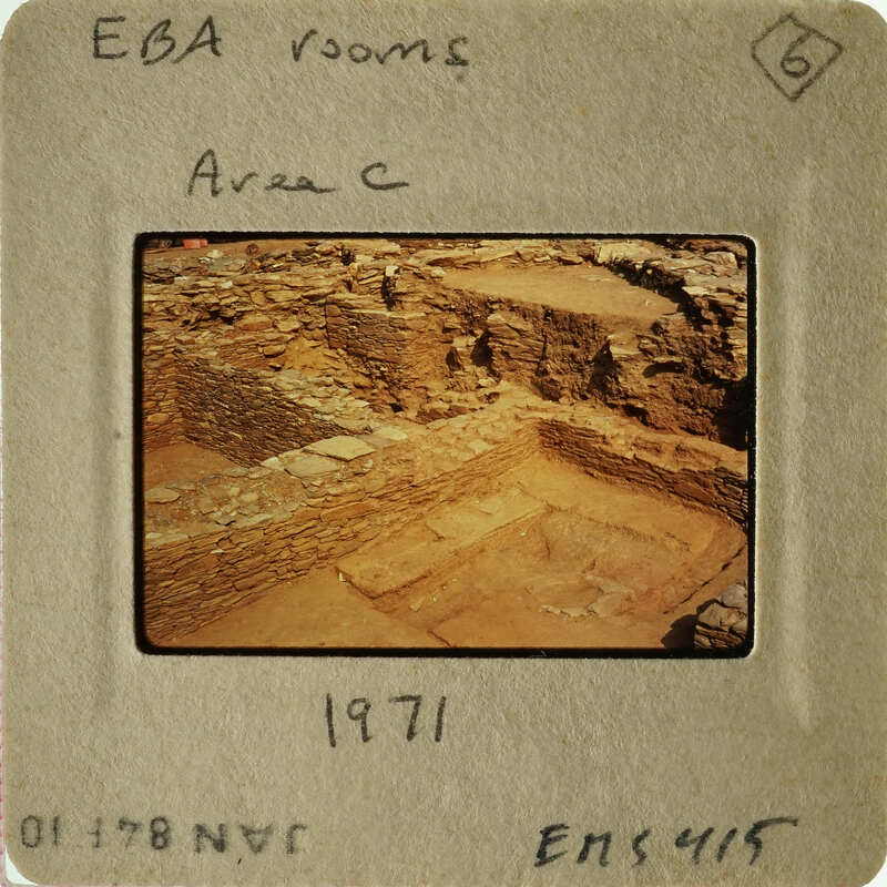 Old photograph of an archaeological site with stone ruins, dated 1971.