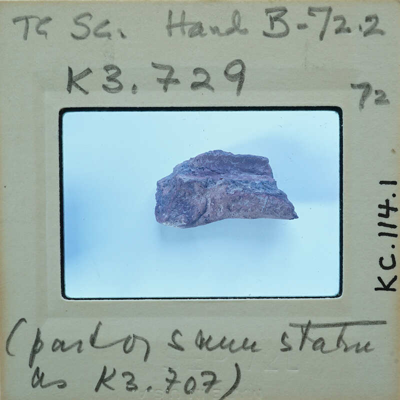A small purple rock on a white surface, with handwritten notes and labels around it.